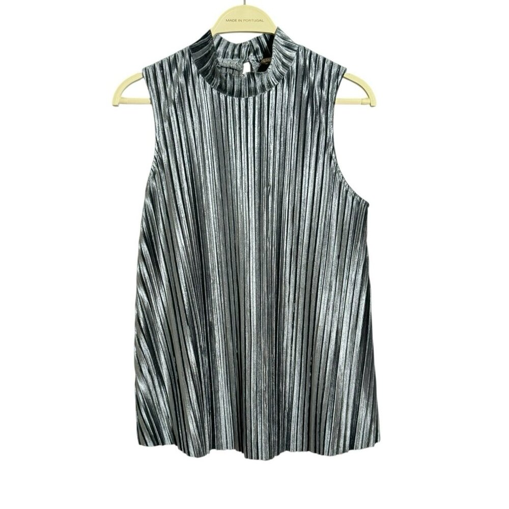 Lilla P Blouse Top Sleeveless Pleat Women Size M High Neck Silver Metallic Party